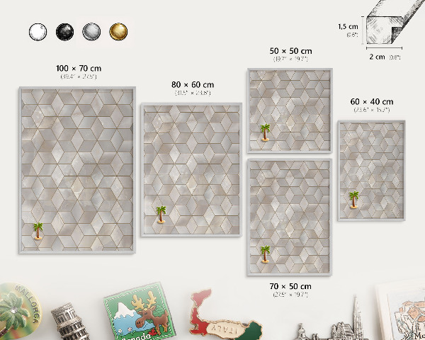 Decoratief metalen magneetbord in een zilveren lijst Kubieke achtergrond