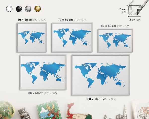 Magneetbord voor souvenir magneten met zilveren lijst Wereldkaart