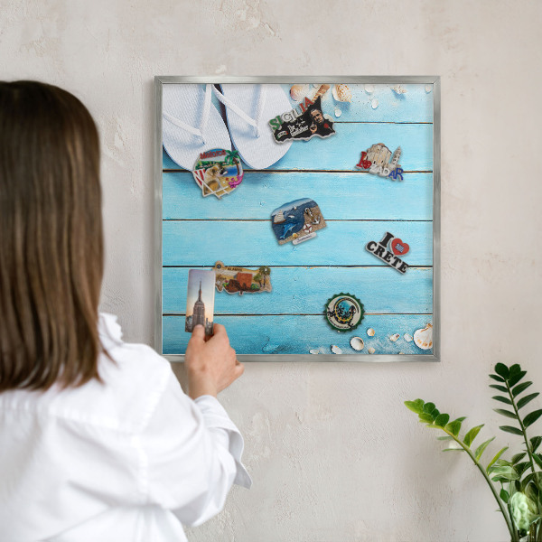 Magneetbord voor souvenir magneten met zilveren lijst Vakantierust
