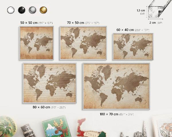 Decoratief metalen magneetbord in een zilveren lijst Wereldkaart