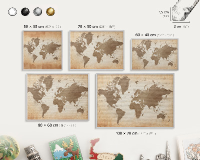 Decoratief metalen magneetbord in een zilveren lijst Wereldkaart