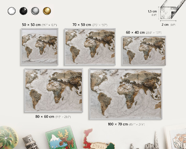 Decoratief metalen magneetbord in een zilveren lijst Reliëfkaart