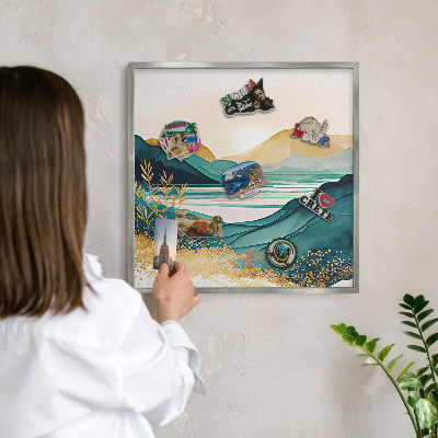 Decoratief metalen magneetbord in een zilveren lijst Een vredig uitzicht