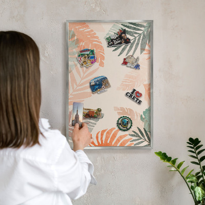 Magneetbord voor souvenir magneten met zilveren lijst Tropische bladeren