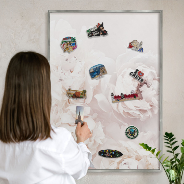 Magneetbord voor souvenir magneten met zilveren lijst Witte pioenrozen