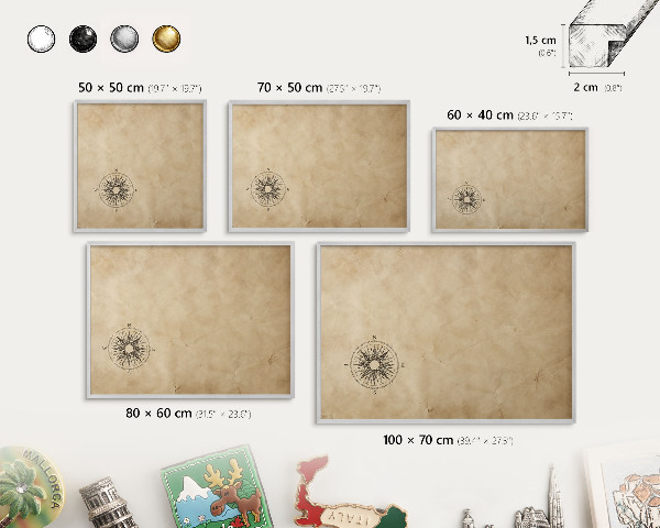 Decoratief metalen magneetbord in een zilveren lijst Windroos