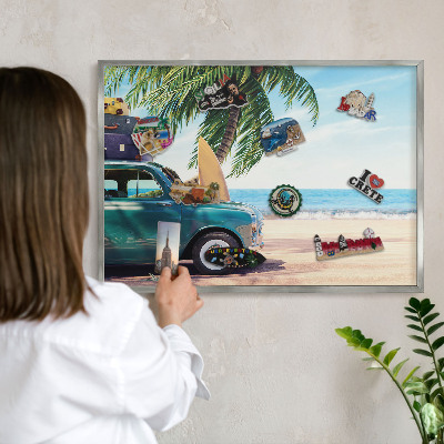 Magneetbord voor souvenir magneten met zilveren lijst Vakantievrede