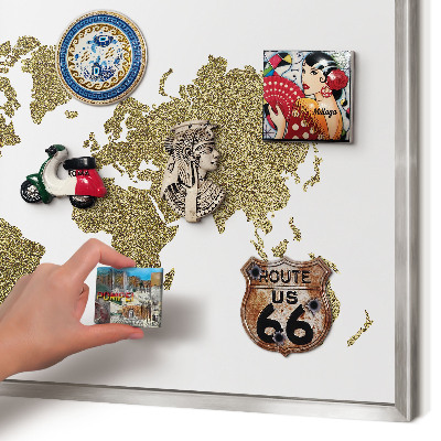 Magneetbord voor souvenir magneten met zilveren lijst Wereldkaart