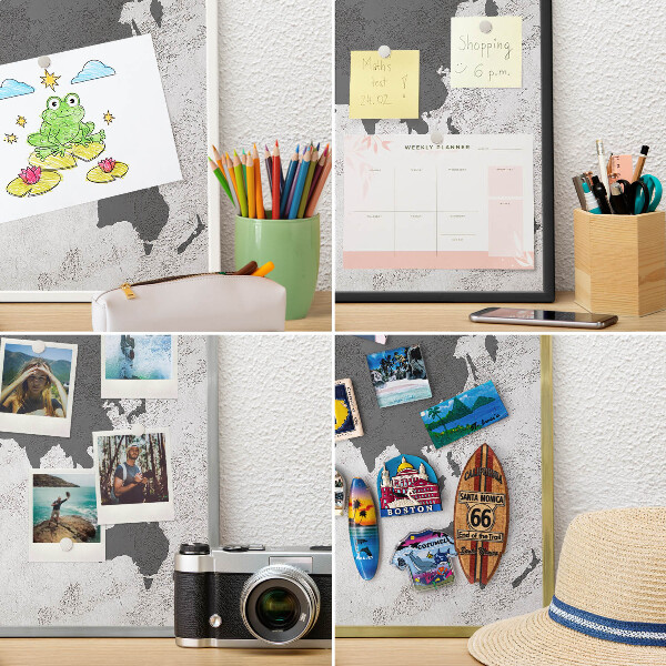 Decoratief metalen magneetbord in een zilveren lijst Wereldkaart