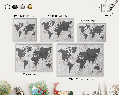 Decoratief metalen magneetbord in een zilveren lijst Wereldkaart