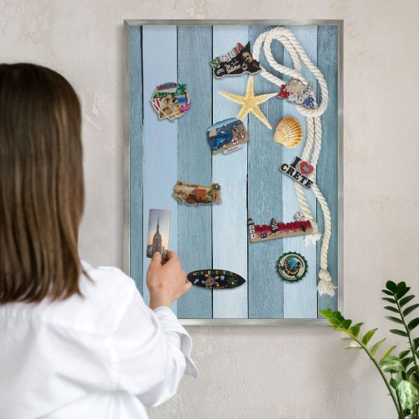Magneetbord voor souvenir magneten met zilveren lijst Maritiem klimaat