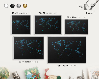 Magneetbord voor souvenir magneten met zilveren lijst Wereldkaart