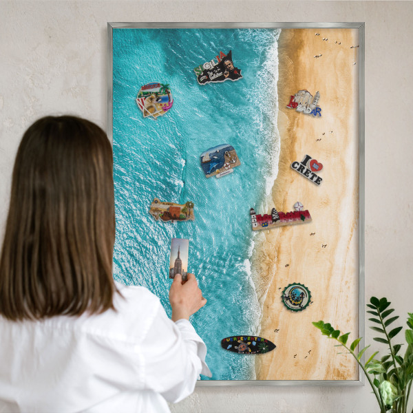 Decoratief metalen magneetbord in een zilveren lijst Zee en strand