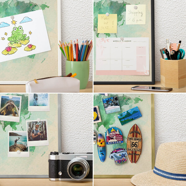 Magneetbord voor souvenir magneten met zilveren lijst Wereldkaart