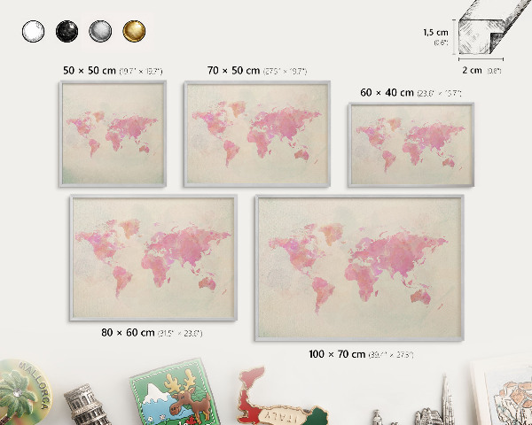 Decoratief metalen magneetbord in een zilveren lijst Wereldkaart