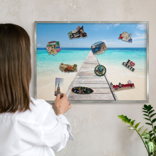 Decoratief metalen magneetbord in een zilveren lijst Ocean Pier