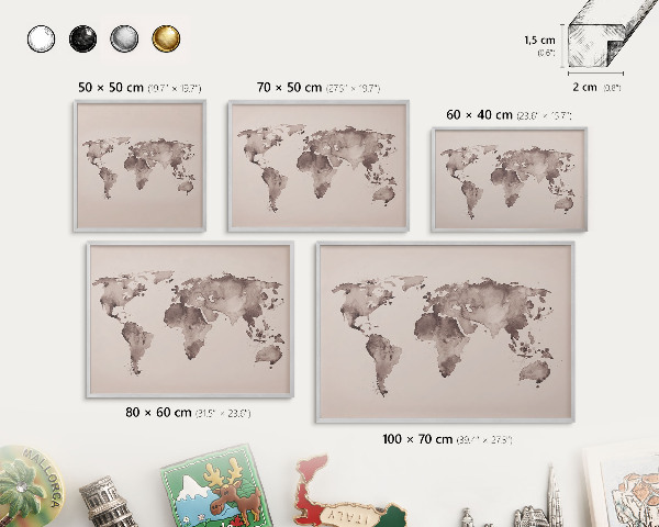 Magneetbord voor souvenir magneten met zilveren lijst Wereldkaart