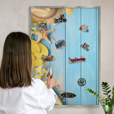 Decoratief metalen magneetbord in een zilveren lijst Strandsfeer