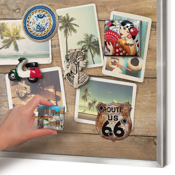 Magneetbord voor souvenir magneten met zilveren lijst Vakantienostalgie