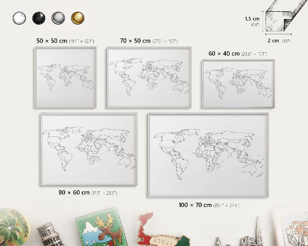 Decoratief metalen magneetbord in een zilveren lijst Contourkaart