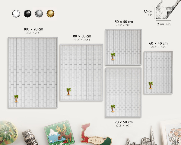 Decoratief metalen magneetbord in een zilveren lijst Witte bakstenen