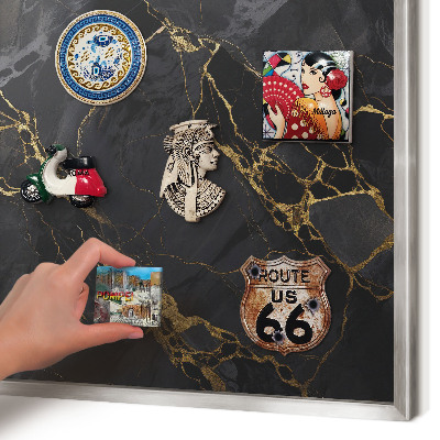 Decoratief metalen magneetbord in een zilveren lijst Zwart marmer