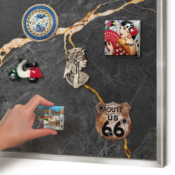 Magneetbord voor souvenir magneten met zilveren lijst Marmeren linten