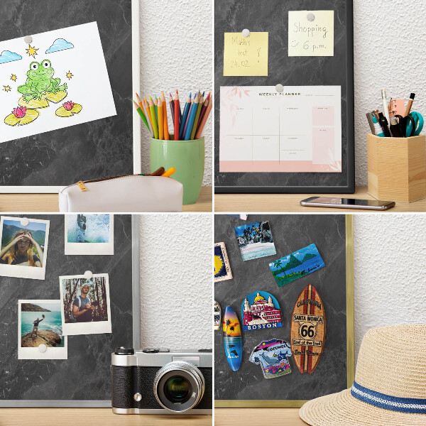 Decoratief metalen magneetbord in een zilveren lijst Grijze elegantie