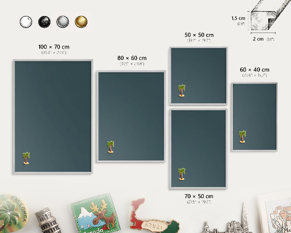 Decoratief metalen magneetbord in een zilveren lijst Turkoois