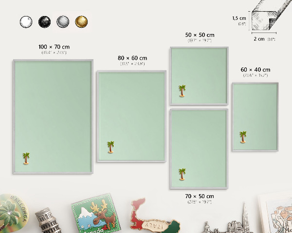 Magneetbord voor souvenir magneten met zilveren lijst Mintgroen