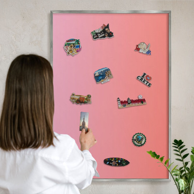 Decoratief metalen magneetbord in een zilveren lijst Roze oranje