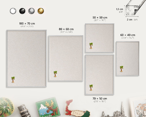 Magneetbord voor souvenir magneten met zilveren lijst Romige textuur