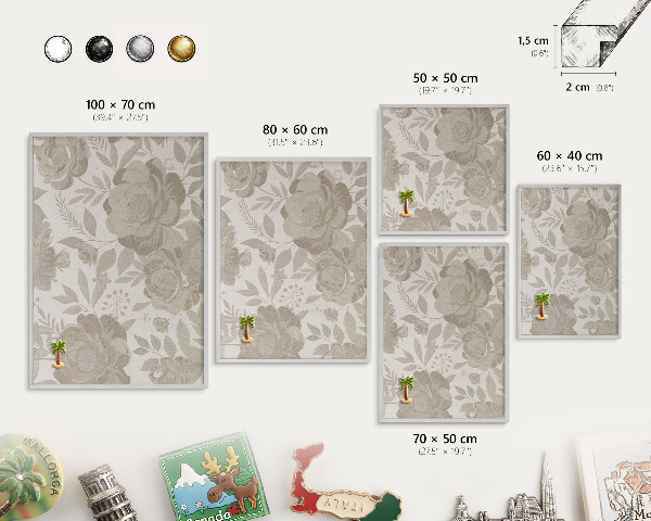 Decoratief metalen magneetbord in een zilveren lijst Vintage bloemen