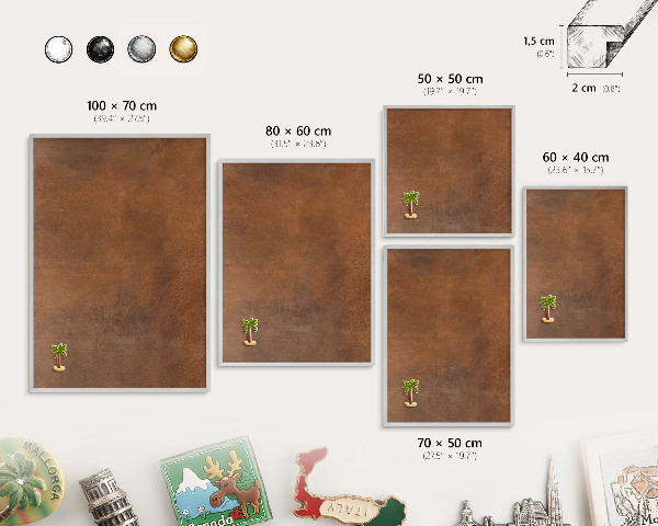 Decoratief metalen magneetbord in een zilveren lijst Bruine textuur