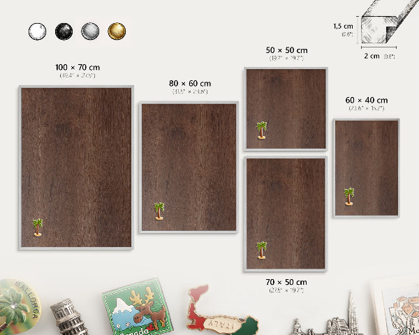 Magneetbord voor souvenir magneten met zilveren lijst Bruin hout