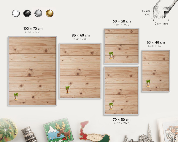 Magneetbord voor souvenir magneten met zilveren lijst Houten patroon