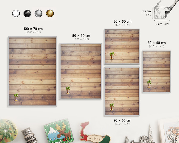 Decoratief metalen magneetbord in een zilveren lijst Houten planken