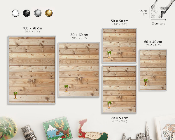 Magneetbord voor souvenir magneten met zilveren lijst Houten planken