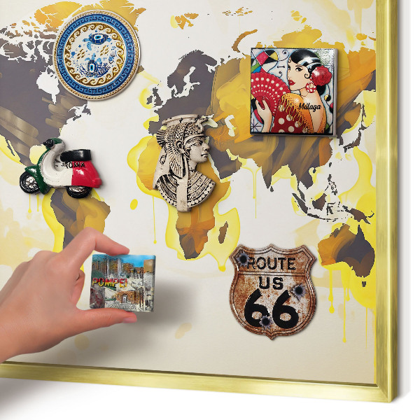 Magnetisch bord voor reismagneten met gouden lijst Wereldkaart