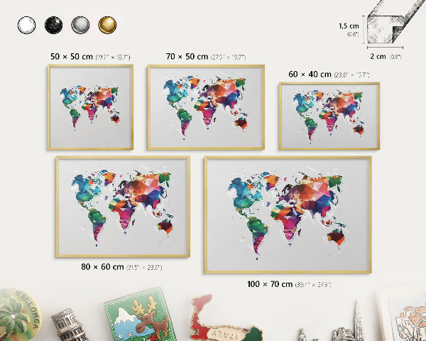 Metalen magneetbord met lijst in het goud Wereldkaart