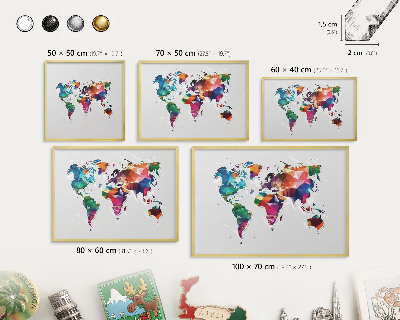 Metalen magneetbord met lijst in het goud Wereldkaart