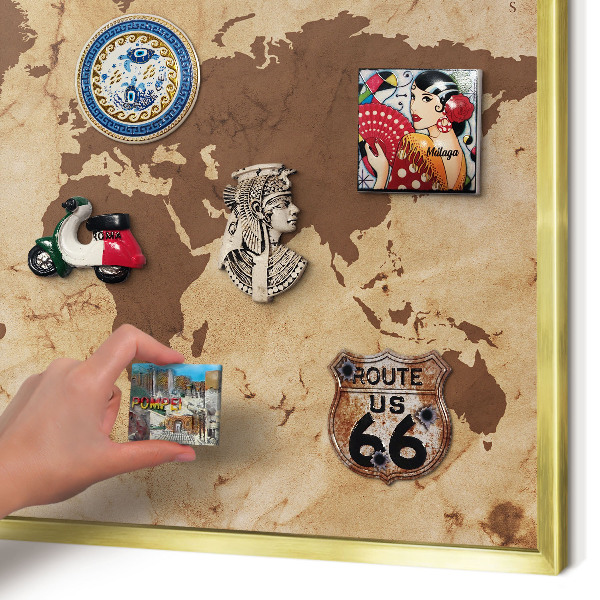 Magnetisch bord voor reismagneten met gouden lijst Wereldkaart