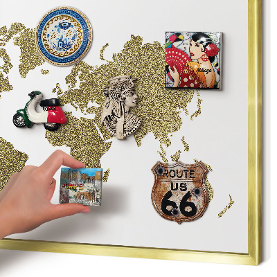 Metalen magneetbord met lijst in het goud Wereldkaart