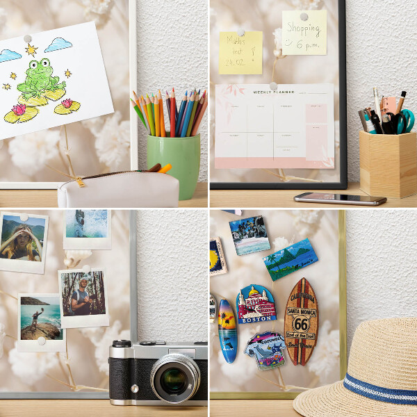 Metalen magneetbord met lijst in het goud Beige bloemen