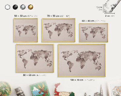 Metalen magneetbord met lijst in het goud Wereldkaart