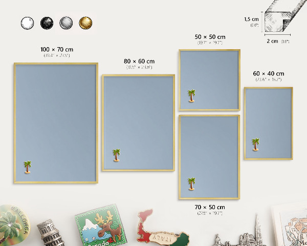 Metalen magneetbord met lijst in het goud Pastelblauw