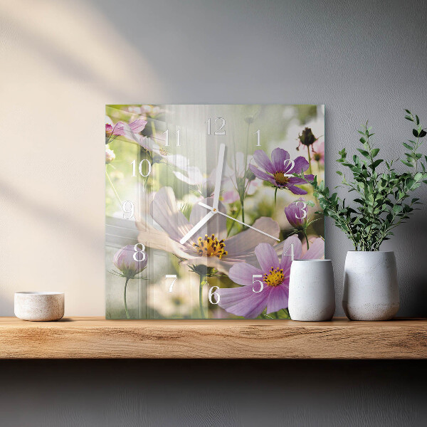 Vierkante glazen klok Cosmosbloemen