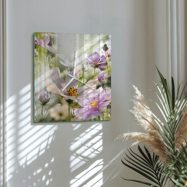 Vierkante glazen klok Cosmosbloemen