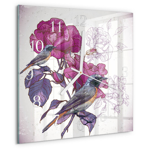 Vierkante glazen klok Vogels Bloemen