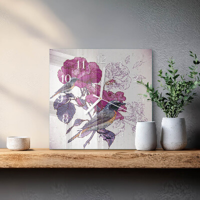 Vierkante glazen klok Vogels Bloemen